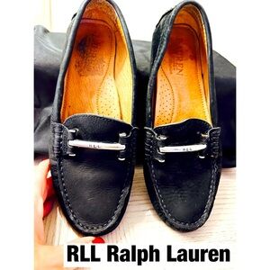 RLL Ralph Lauren Black‎ Leather Flats with Silver Logo horsebit Sz 7